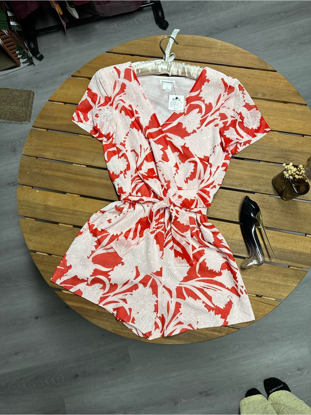 Club Monaco Red and Powder Pink Floral Wrap Short Romper